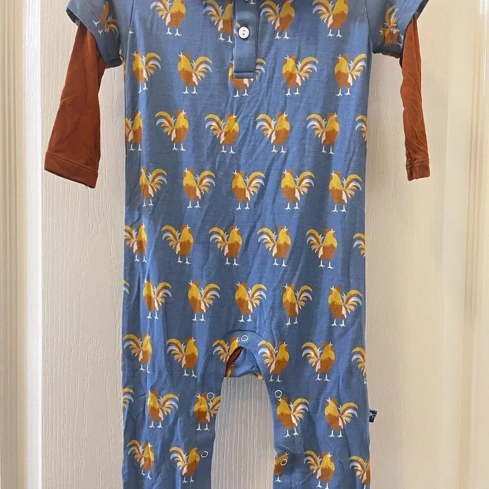 Kickee Pants Blue Parisian Rooster Polo Romper Bamboo Boys Size 18-24 Months